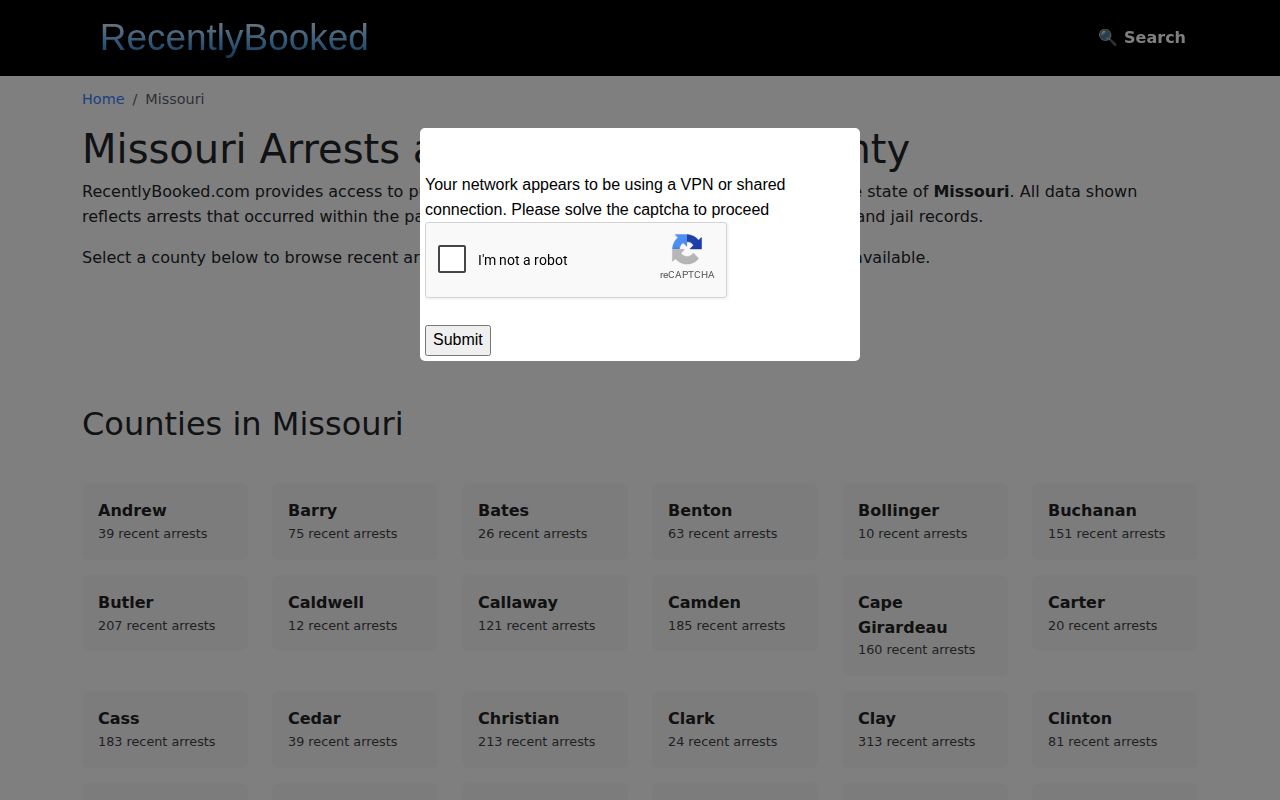 RecentlyBooked Missouri county-menu interface with access prompt