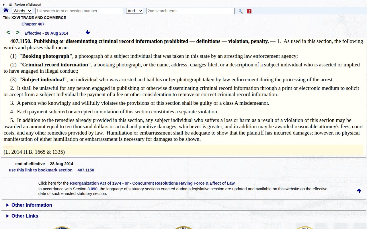 Official Missouri statute on booking photograph removal or correction