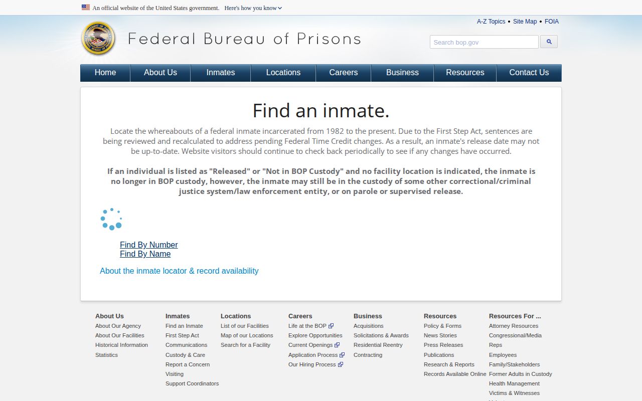 Federal Bureau of Prisons inmate locator for federal custody searches