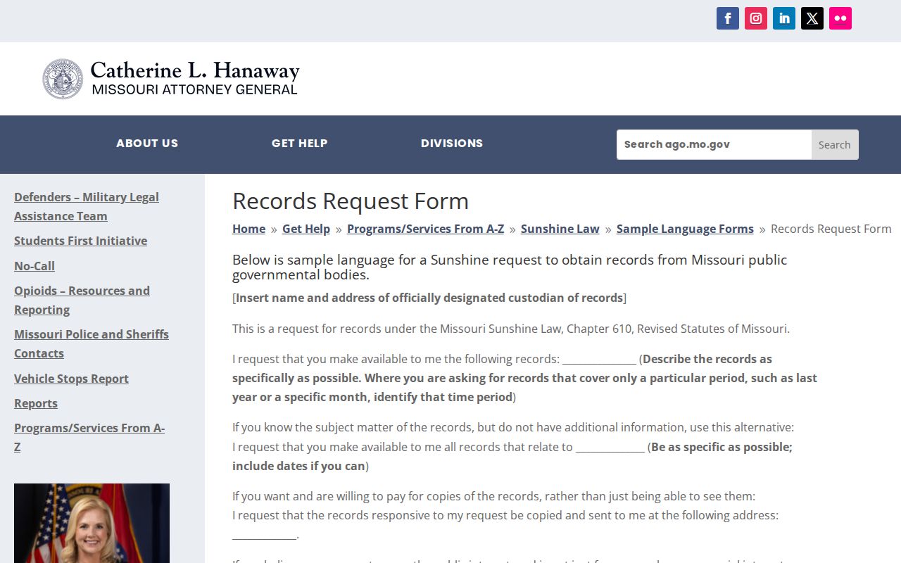 Missouri Sunshine Law sample records request form for Oregon County booking records