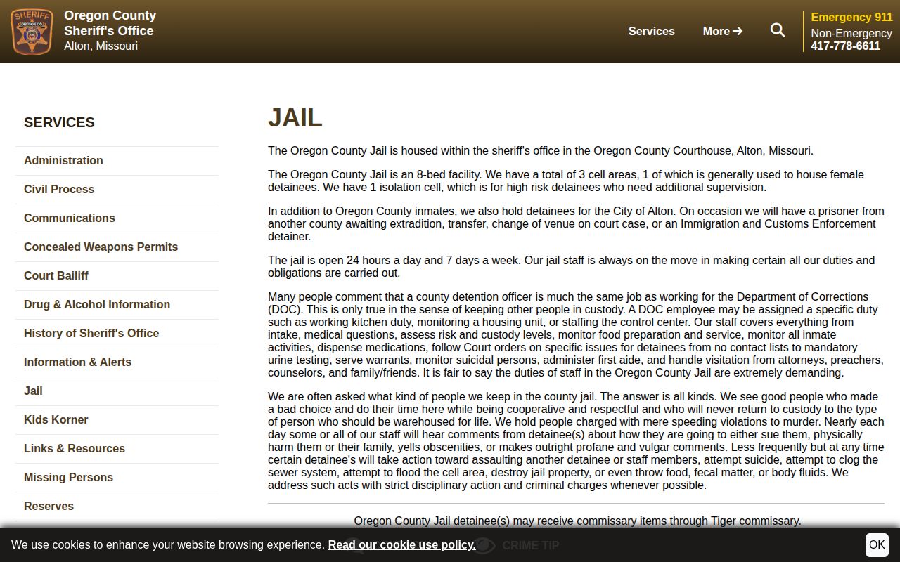 Official Oregon County Jail information page without a public inmate roster search