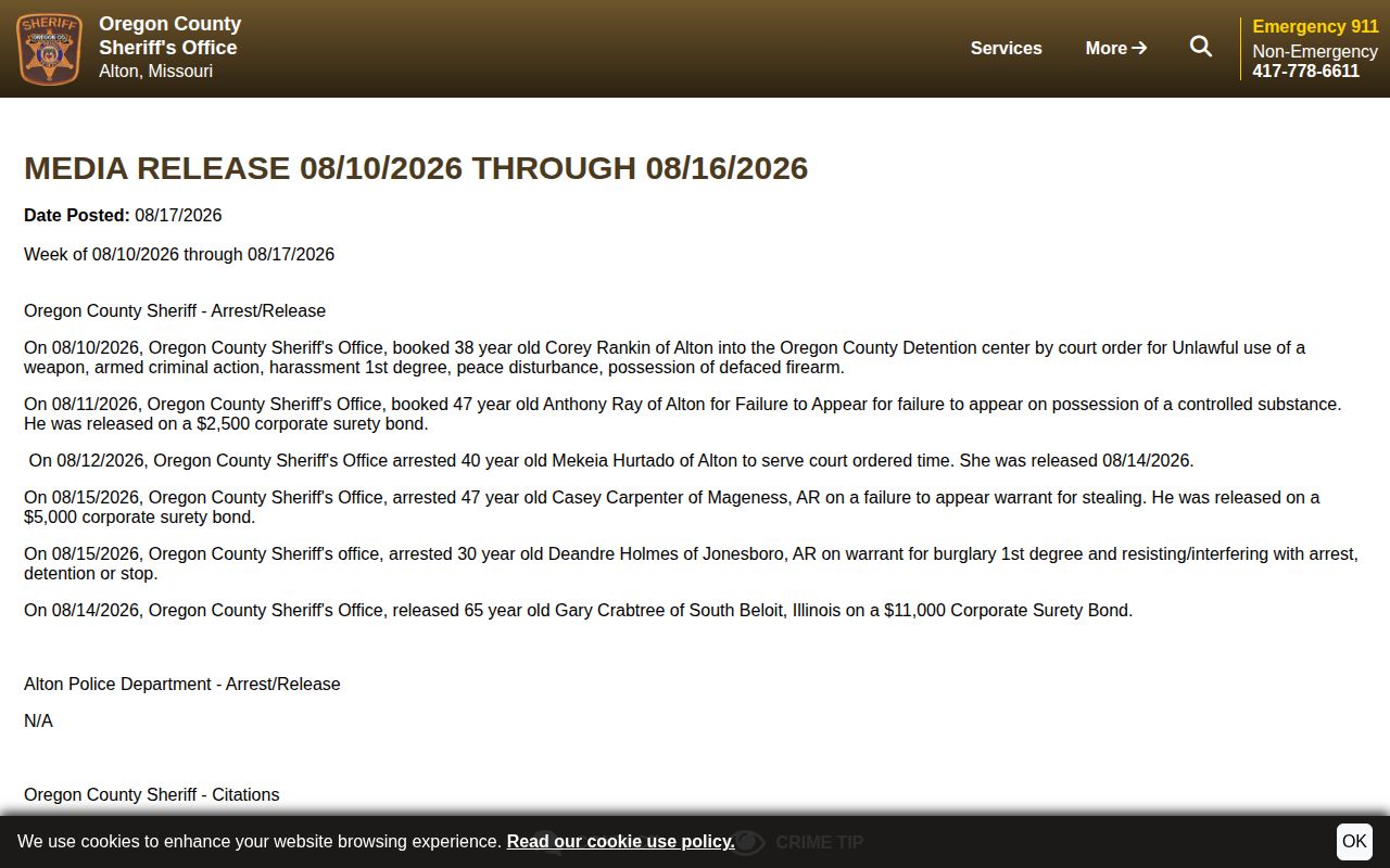 Oregon County Sheriff weekly activity release showing text-only arrest and release categories