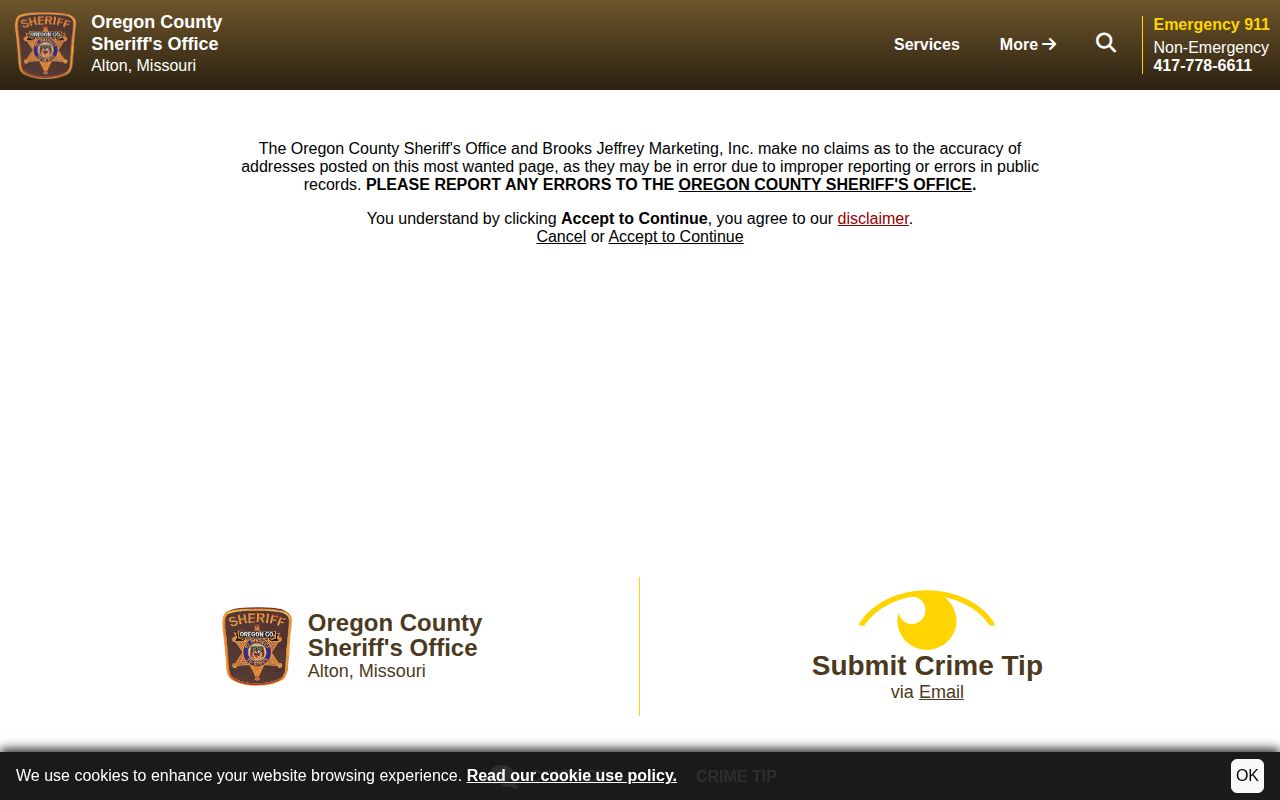 Oregon County Sheriff Most Wanted disclaimer and crime-tip route