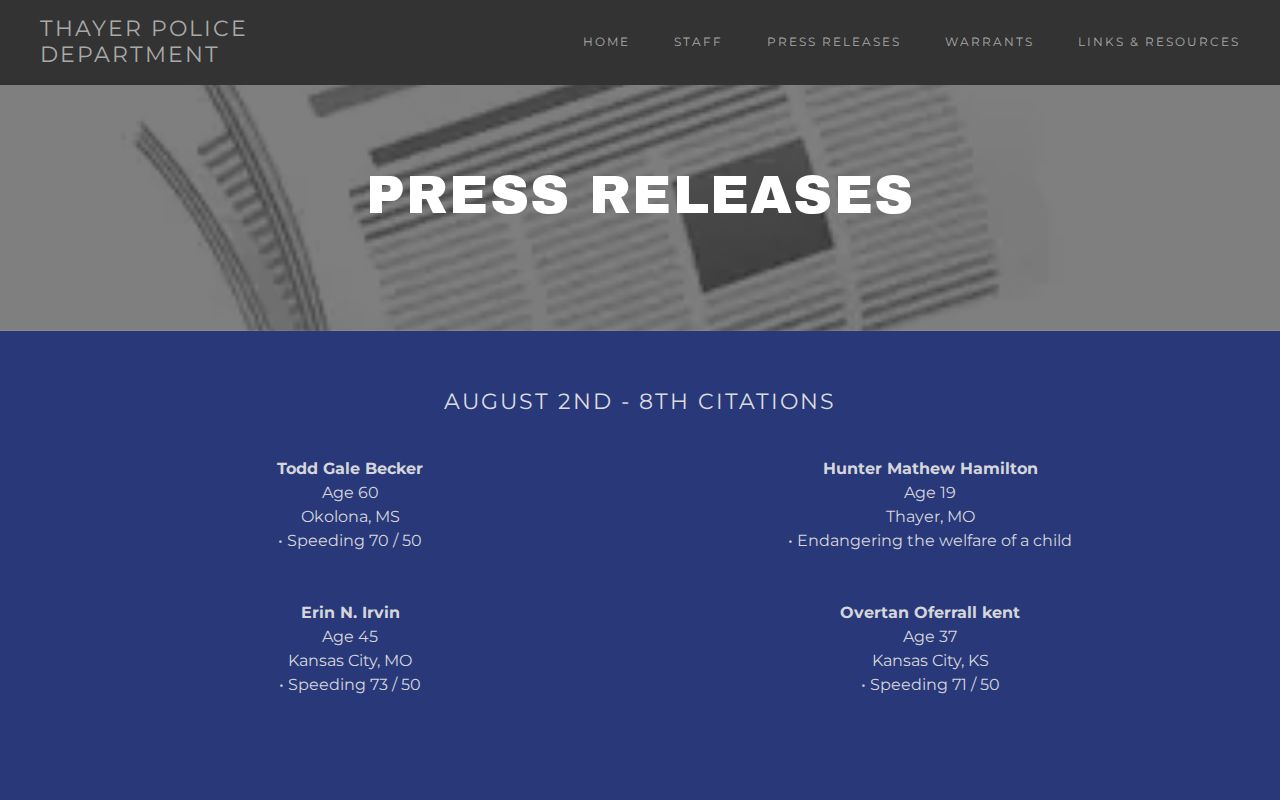 Thayer, Oregon County arrest record on the Thayer Police press-release page